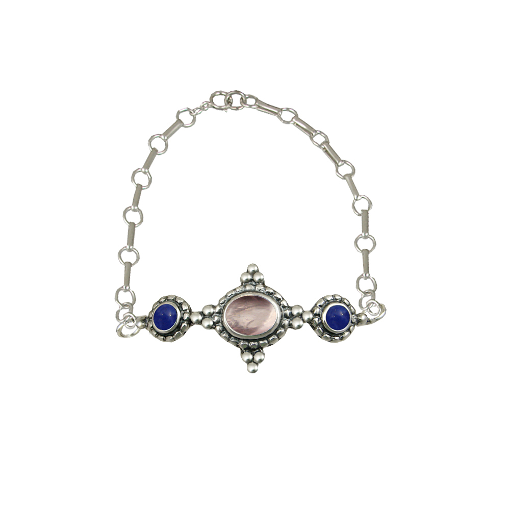 Sterling Silver Gemstone Adjustable Chain Bracelet With Rose Quartz And Lapis Lazuli